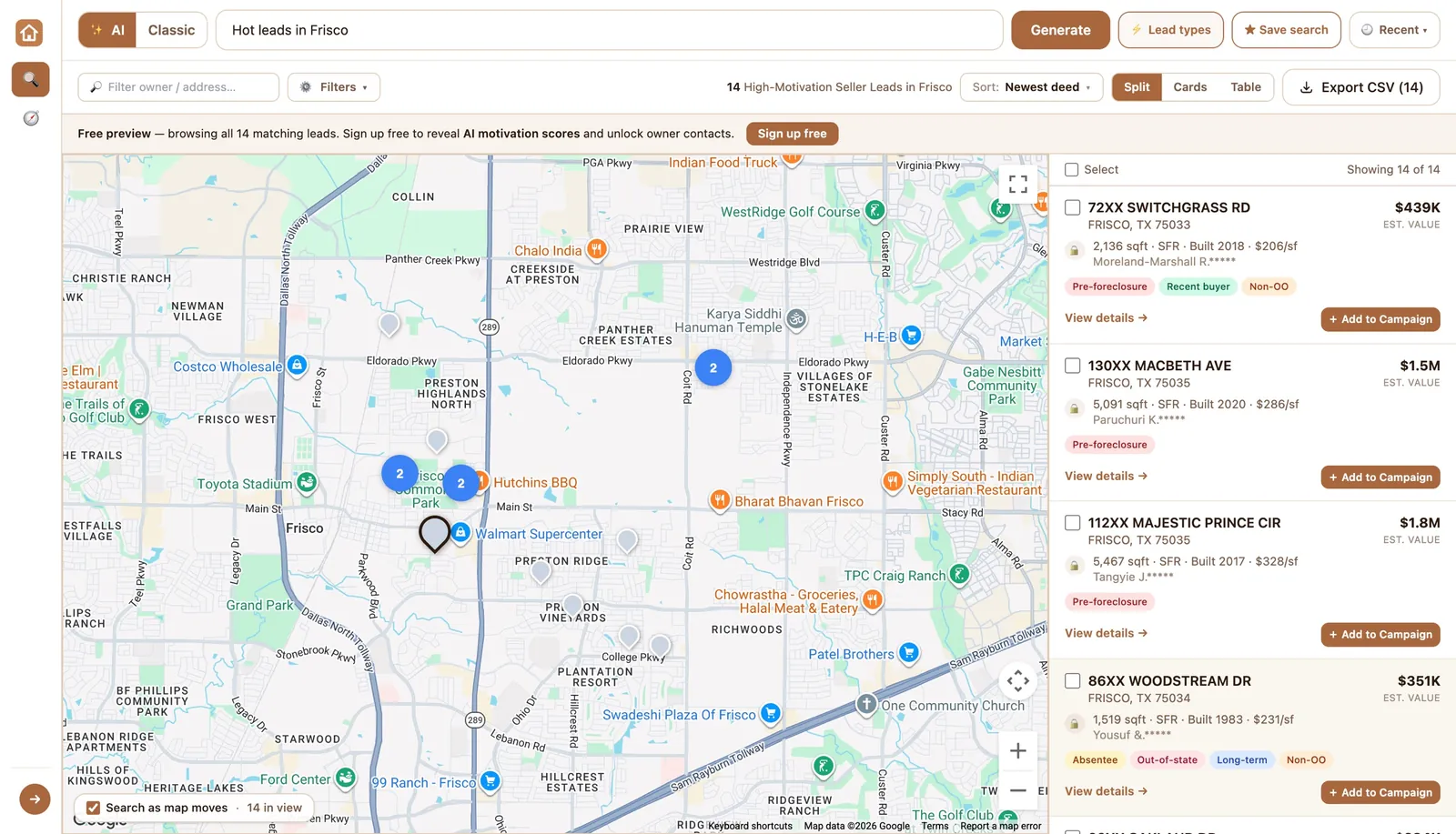 SmartPropLeads lead search — plain-English AI search over a DFW map with motivated-seller lead pins, and lead cards showing value, signals like pre-foreclosure and absentee, and skip-trace actions